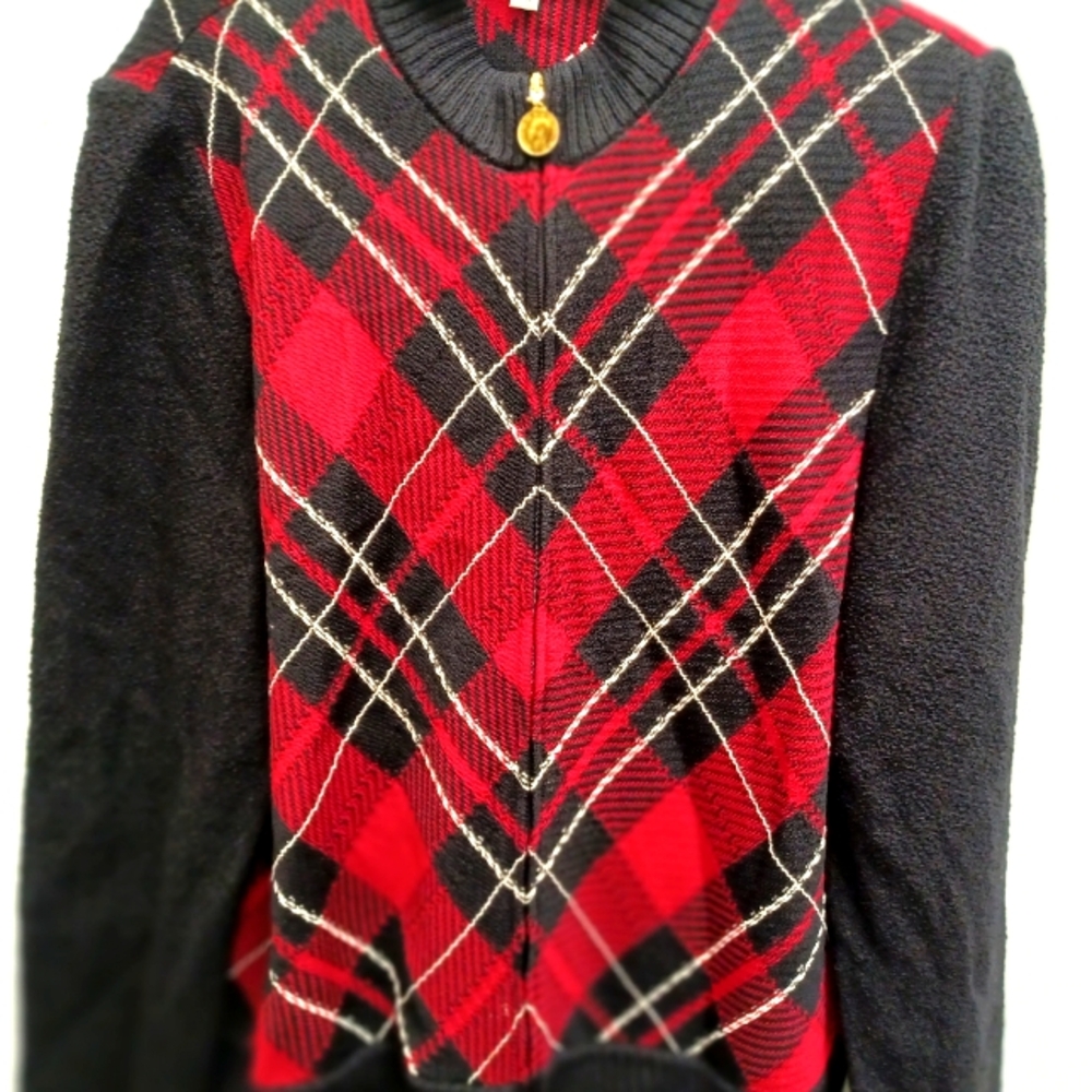 St. John's plaid Marie gray sweater zipper Sz Large